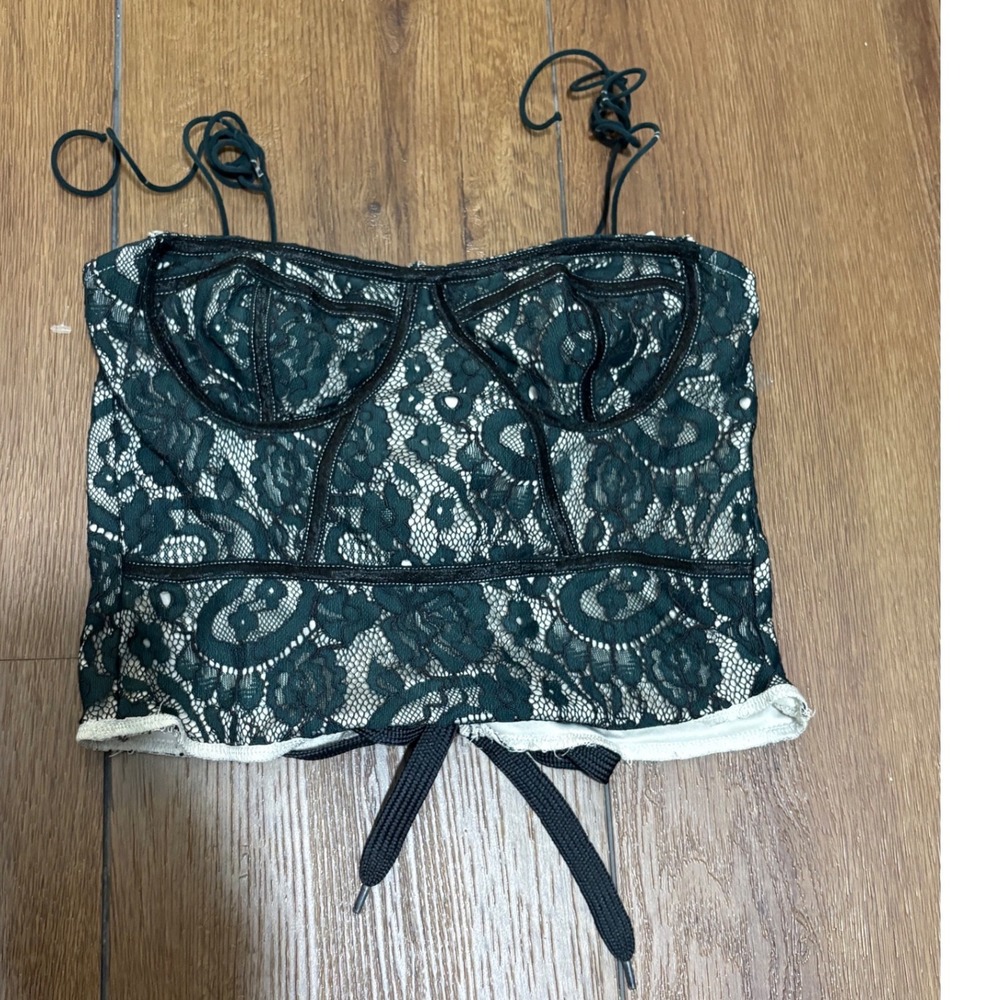 superdown Women's S Green Black Lace Corset Top Lace Up Bustier Y2K
